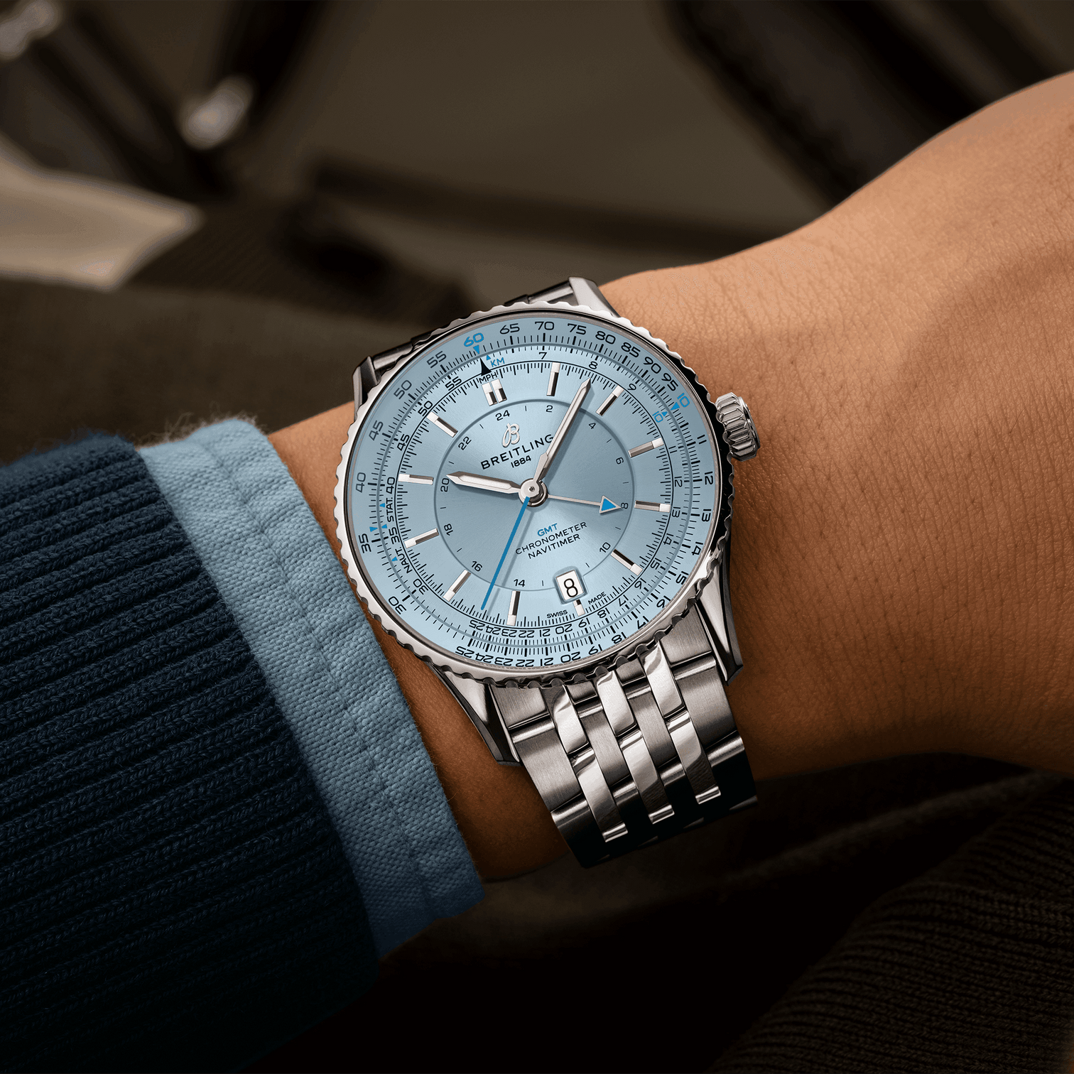 Breitling Navitimer Automatic GMT 41 Watch with Ice Blue Dial on Model